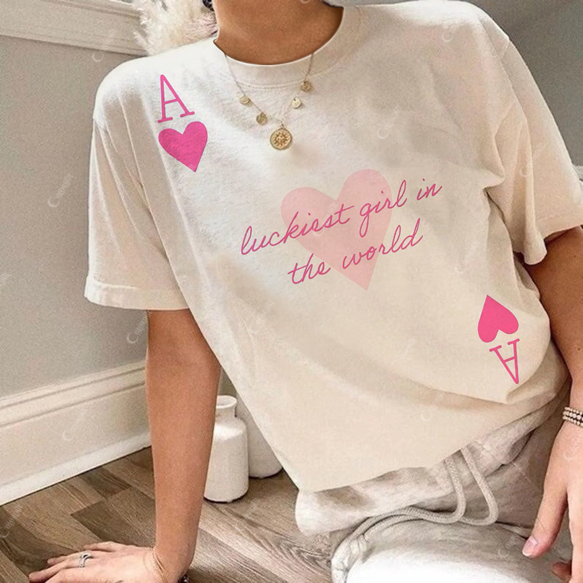 Women's  Pink Heart A Print Round Neck Short Sleeve Tee