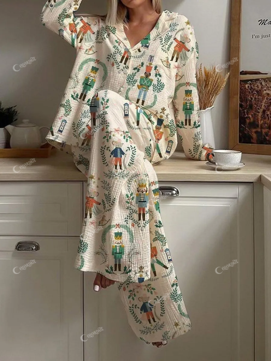 Women's Christmas Art Painting Pattern Long Sleeve Pants Set