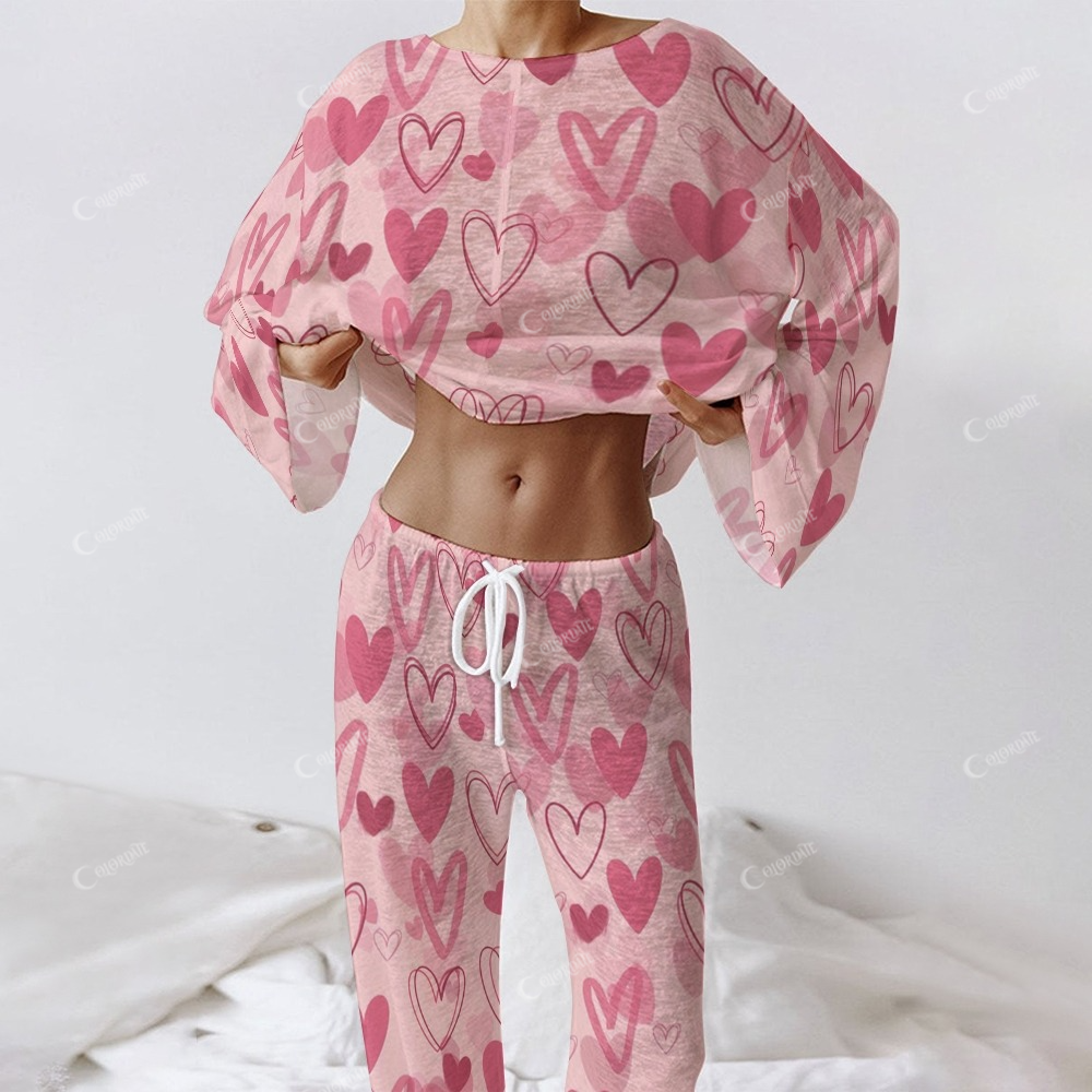 Women's Valentine's Day Gradient Pink Heart Long Sleeve Cotton Homewear Set