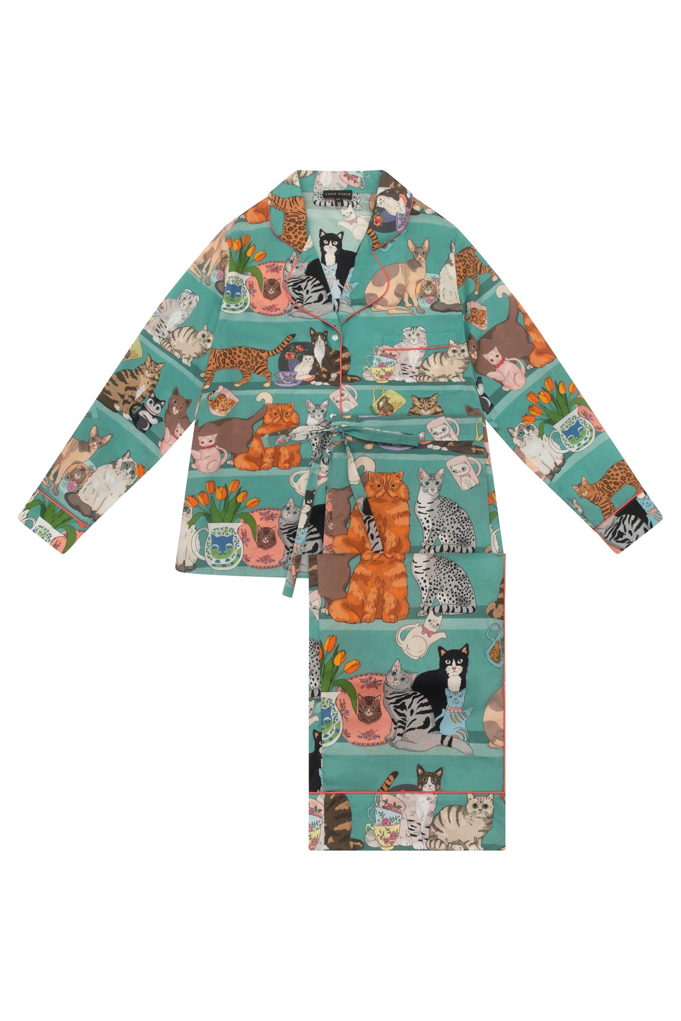 Women's Lapel Cartoon Cat Print Long Sleeve Pajama Set