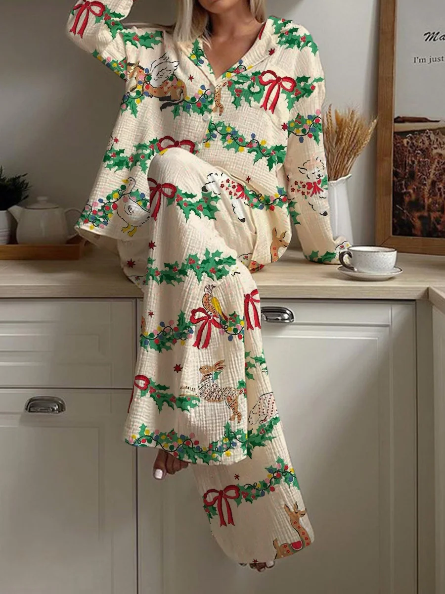 Women's Beige Christmas Cute Animal Fun Print Home Long Sleeve Suit