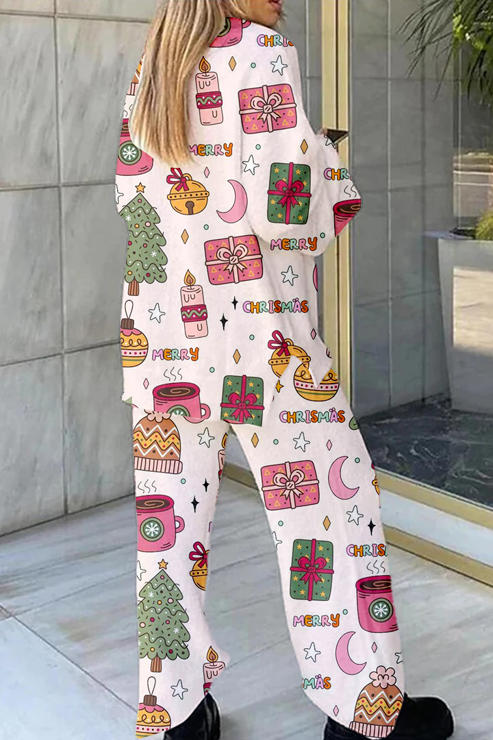 Women's Pink Christmas Print Home Long Sleeve Suit