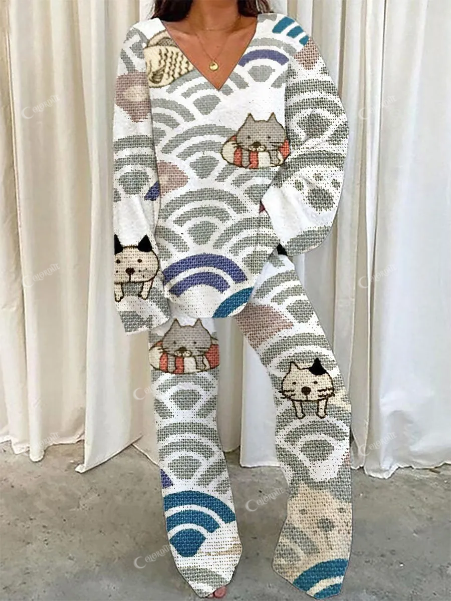 Women's Cute Cat Swimming Polar Fleece Pajama Set