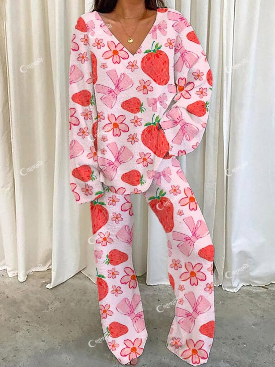 Women's Bow Cherry Pattern V-Neck Long Sleeve Pants Suit