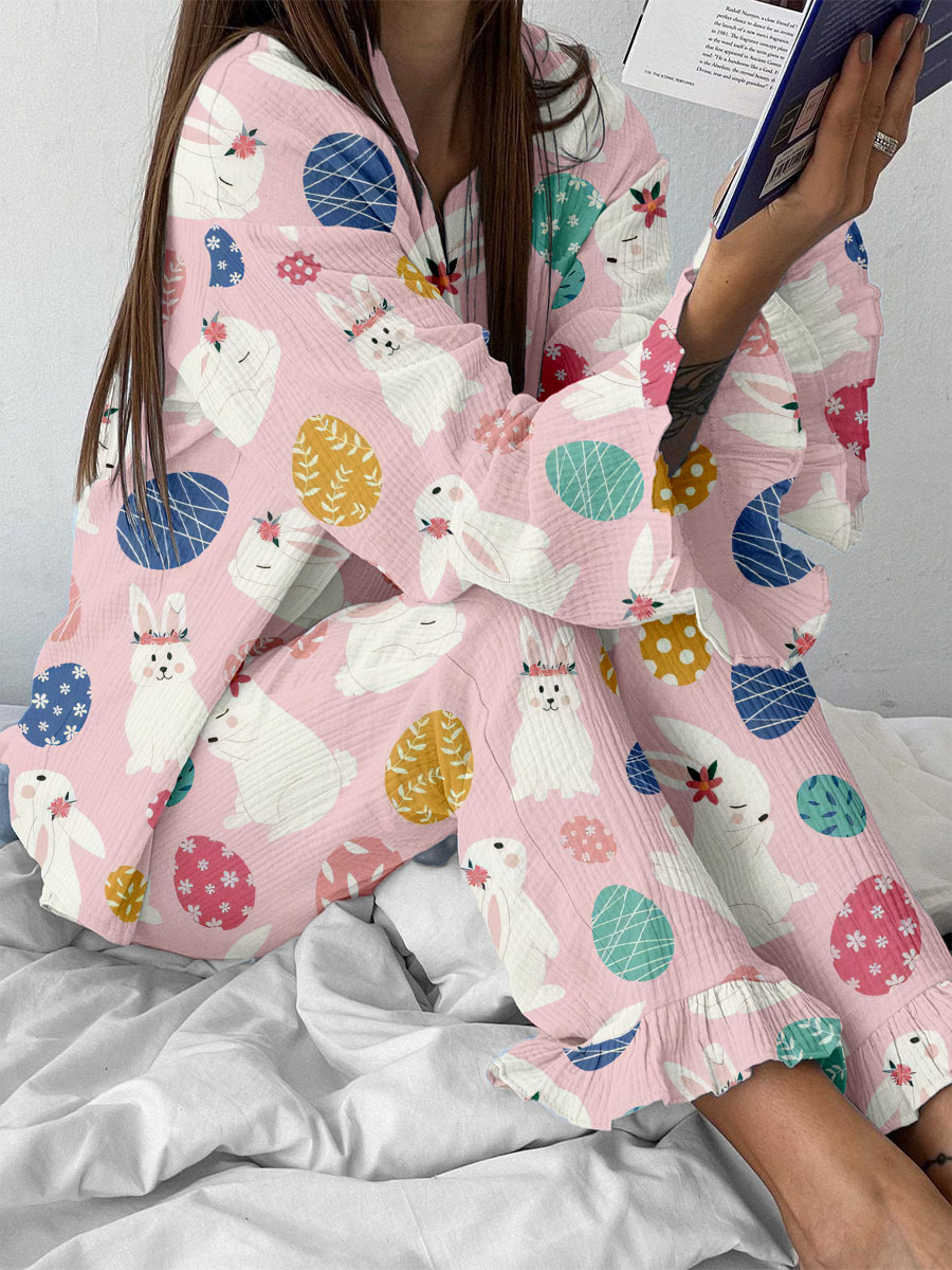 Women's Easter Bunny Egg Print Ruffled Loungewear Set