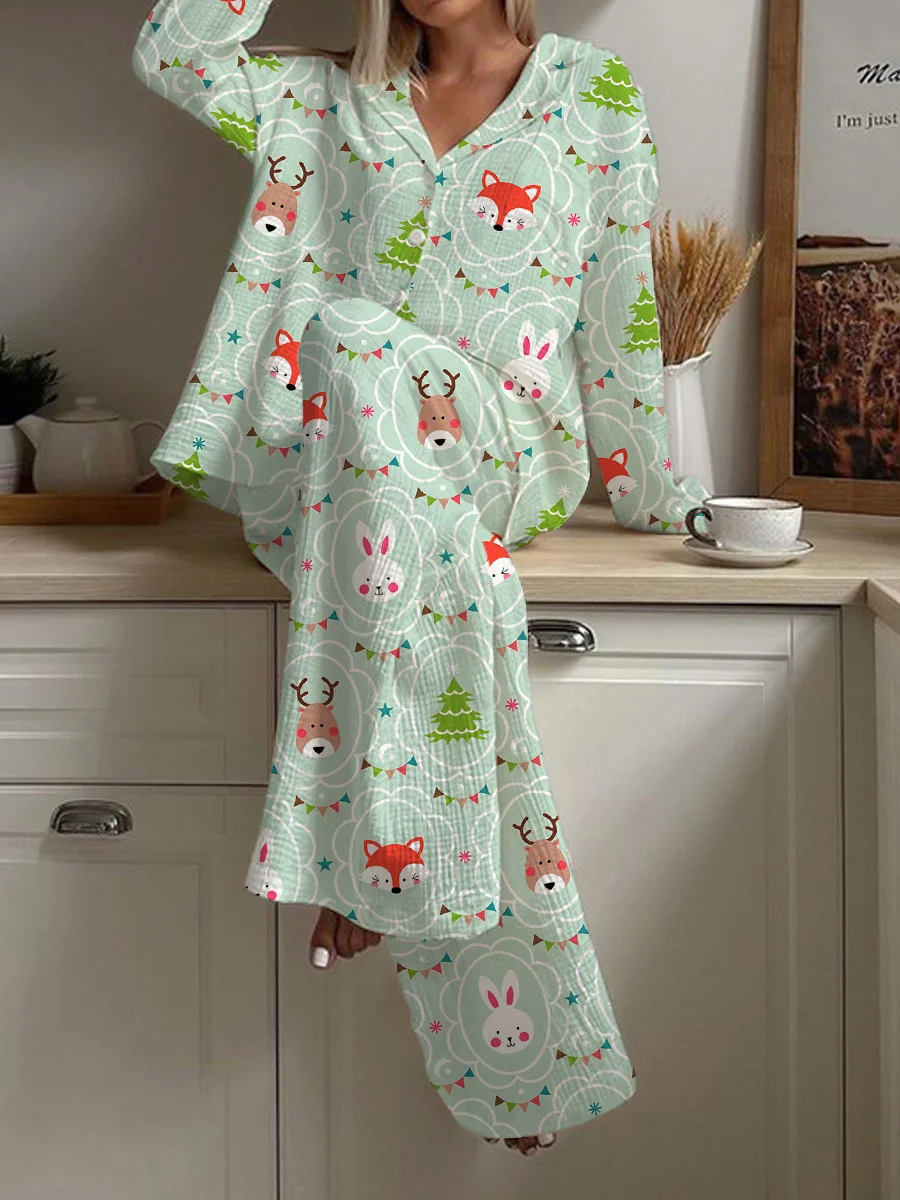 Women's Cute Christmas Fox Rabbit Elk Print Loose Homewear Set