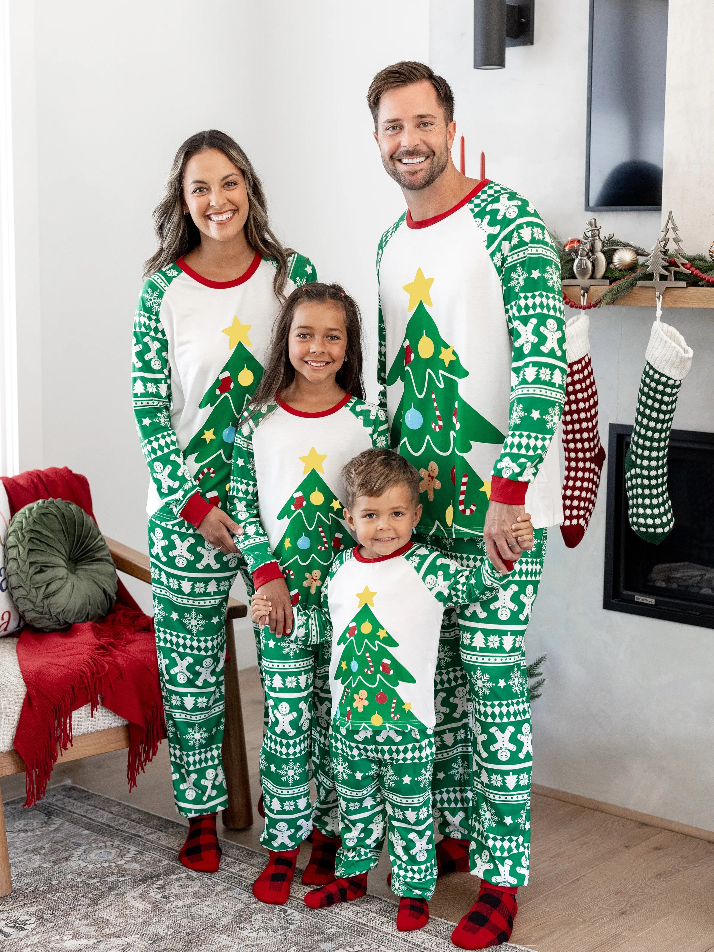 Christmas Matching Family Pajamas Set Gingerbread and Christmas Tree Print Green PJS