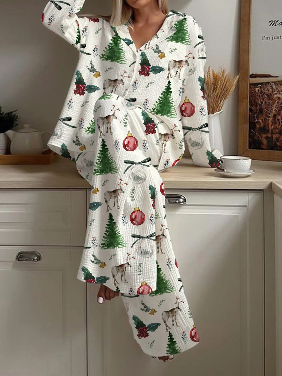 Women's Christmas Tree Elk Lantern Print Loose Homewear Set
