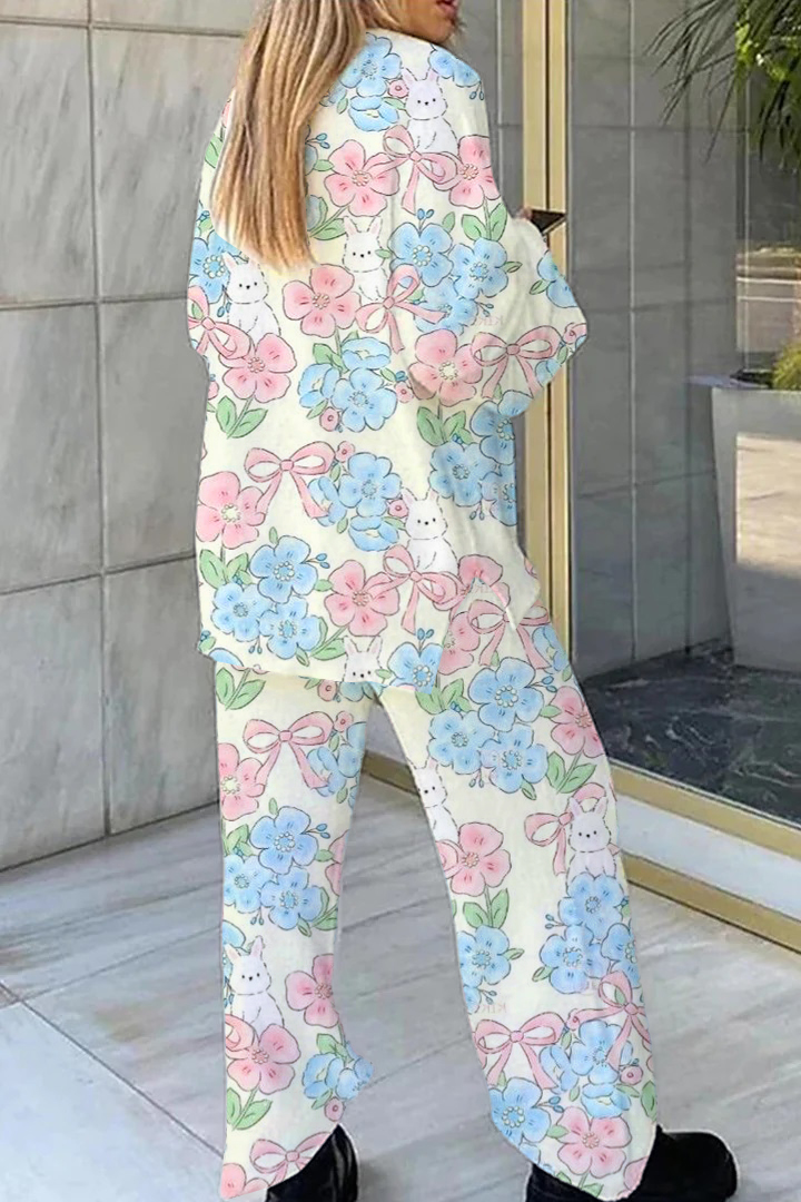 Women's Flower Bow Bunny Printed Casual Homewear Set