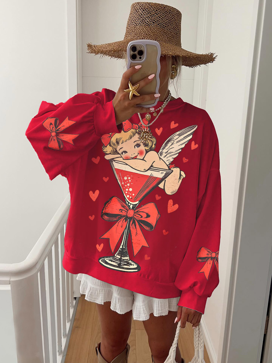 Women's Vintage Valentine's Day Angel Cocktail Print Crew Neck Sweatshirt