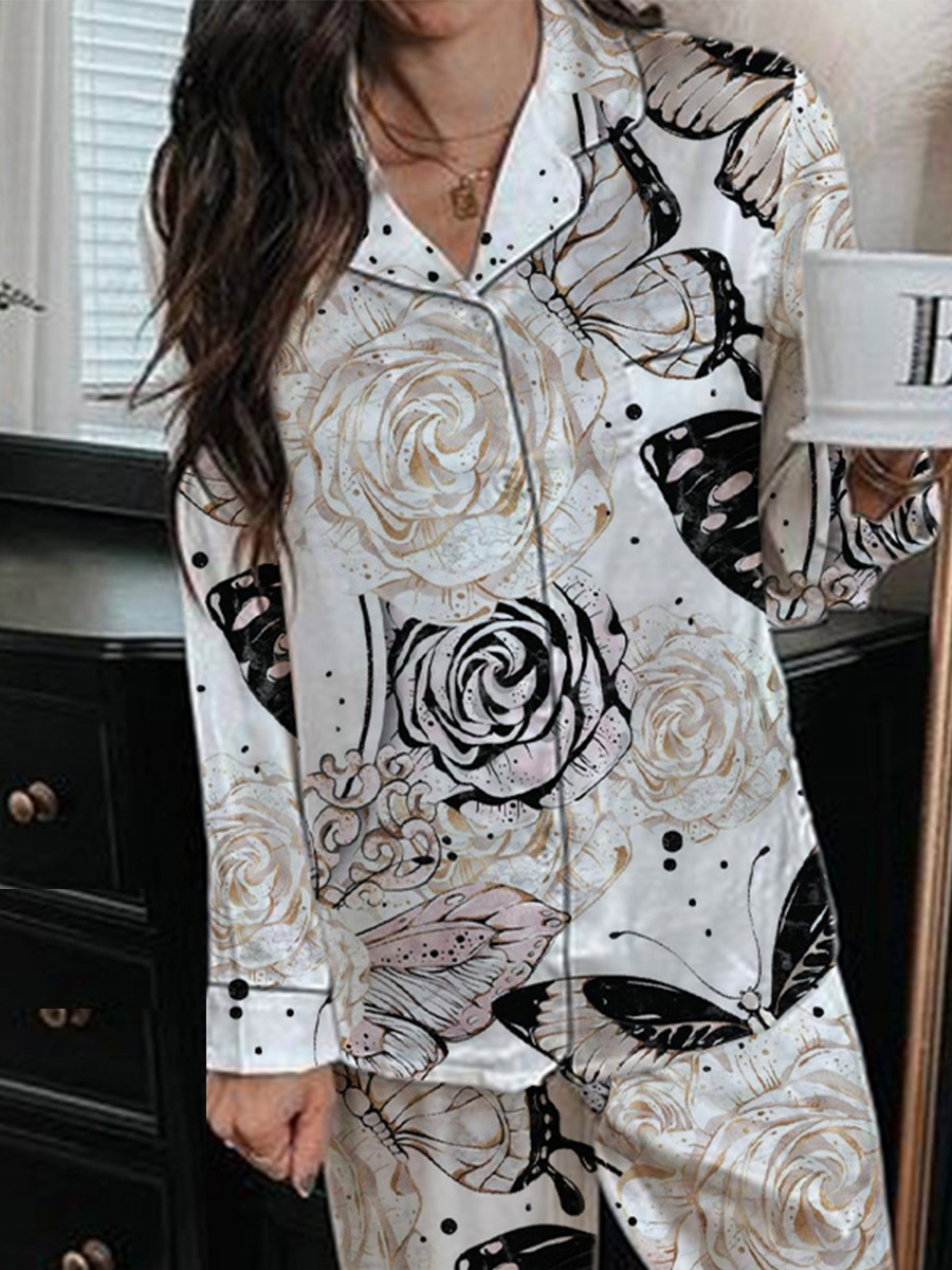 Women's Romantic Floral Butterfly Pattern Long Sleeve Pants Set