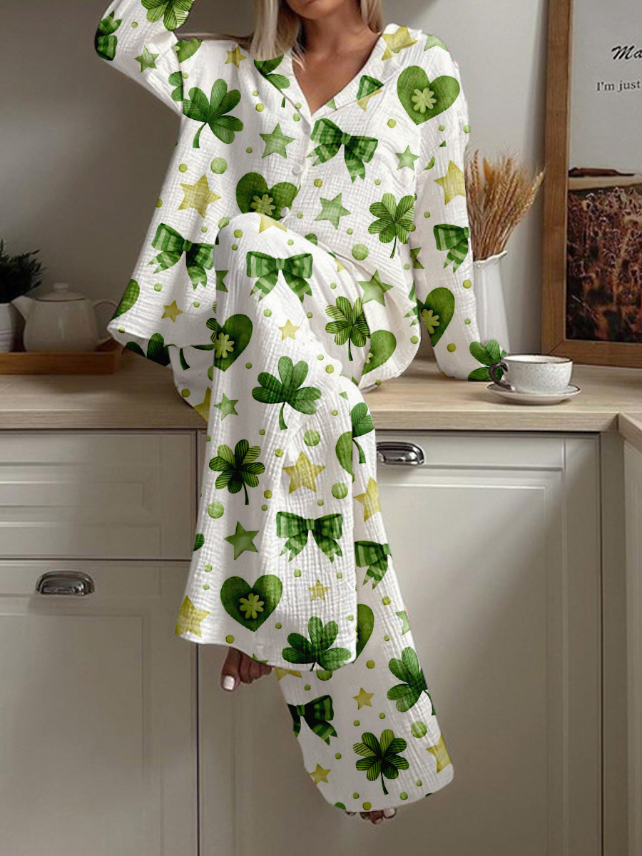 Women's Heart Bow Clover Print Loose Homewear Set