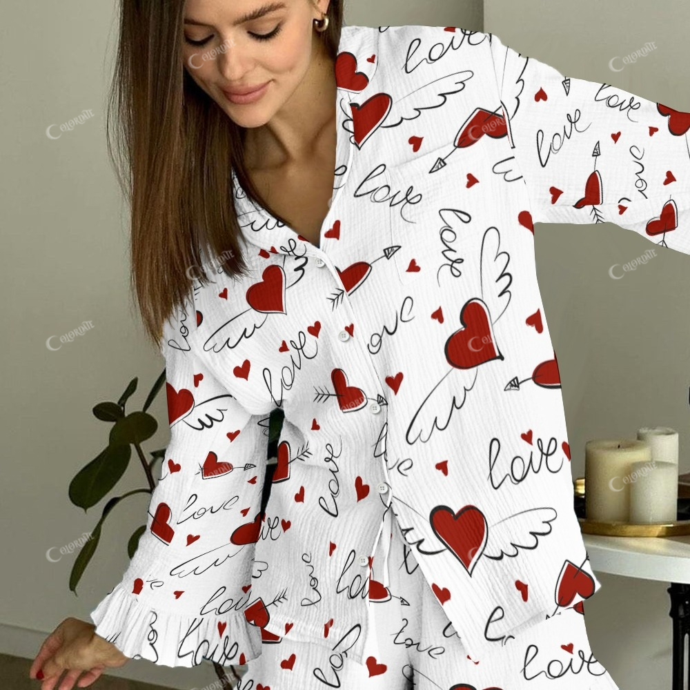 Women's Valentine's Day Romantic Love Angel Wings Pattern Ruffled Long Sleeve Pants Set