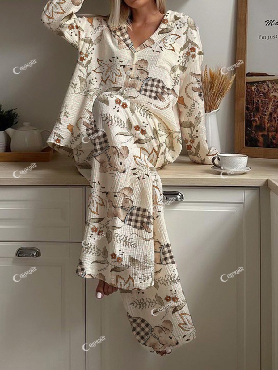 Women's Cute Bib Pants Mice Printed Lapel Pajama Set