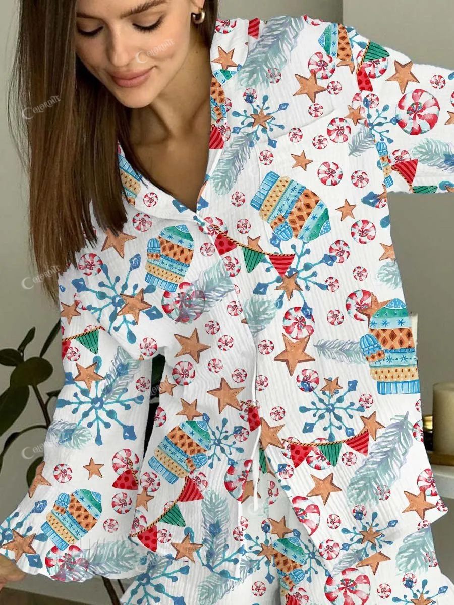 Women's Christmas Snowflake Gloves Bunting Printed Ruffle Homewear Set