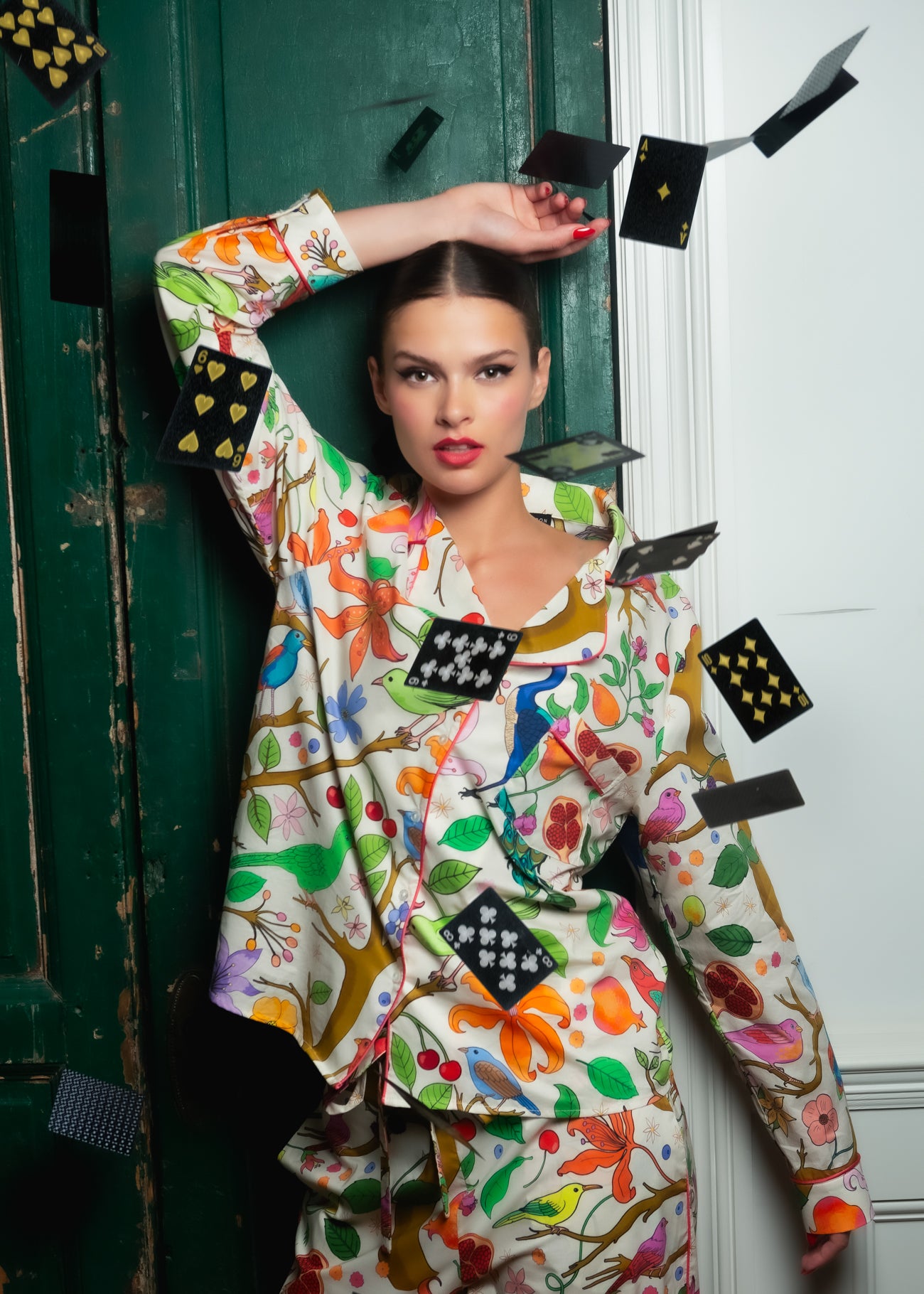 Women's Lapel Flower and Bird Print Long Sleeve Pajama Set