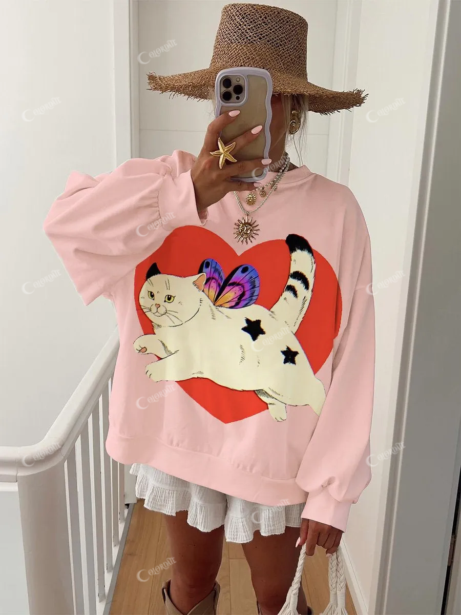 Women's Heart Butterfly Cat Print Round Neck Sweatshirt