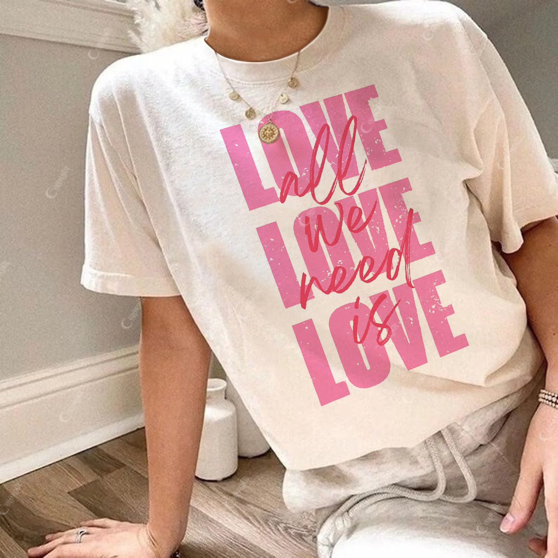 Women's All We Need Is Love Print Round Neck Short Sleeve Tee