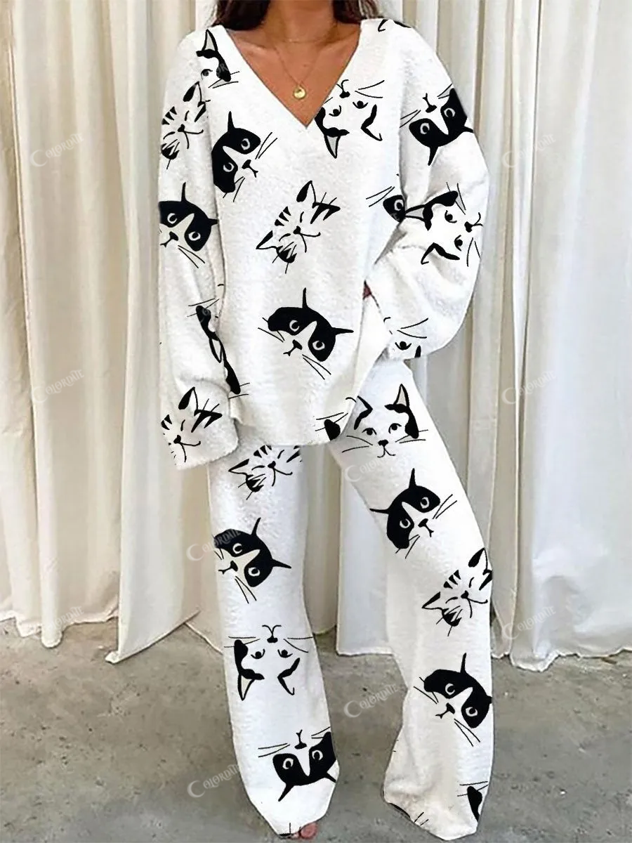 Women's cute cat sketch fleece pajamas set