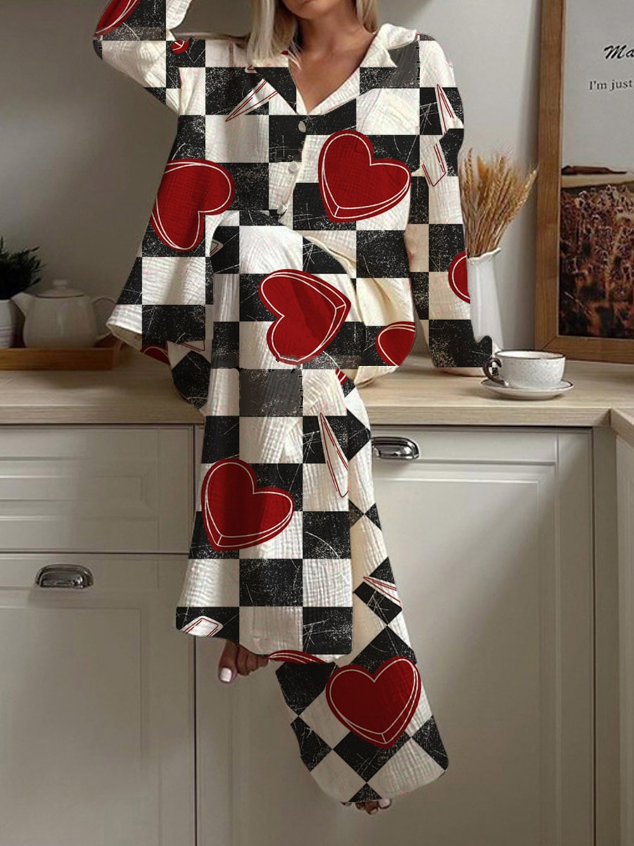 Women's Valentine's Day Heart Checkerboard Lightning Pattern Long Sleeve Pants Set