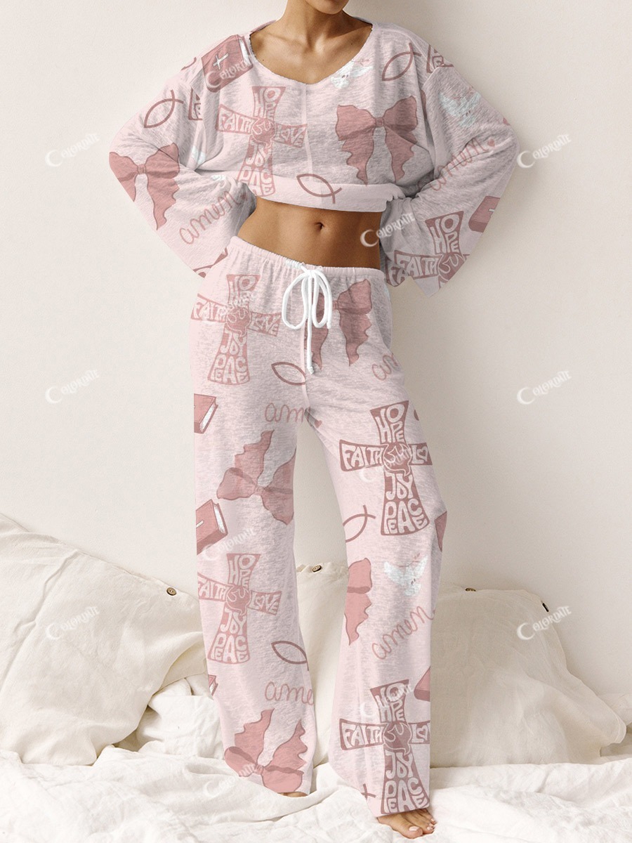 Women's Jesus Cross Bow Pattern Round Neck Long Sleeve Pants Suit