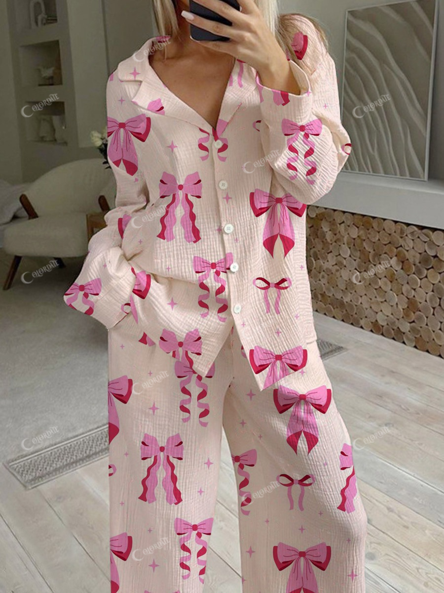 Women's Fun Bow Pattern Long Sleeve Pants Set