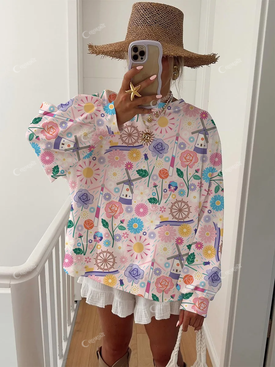 Women's Pink Artistic Floral Print Home Long Sleeve Sweatshirt