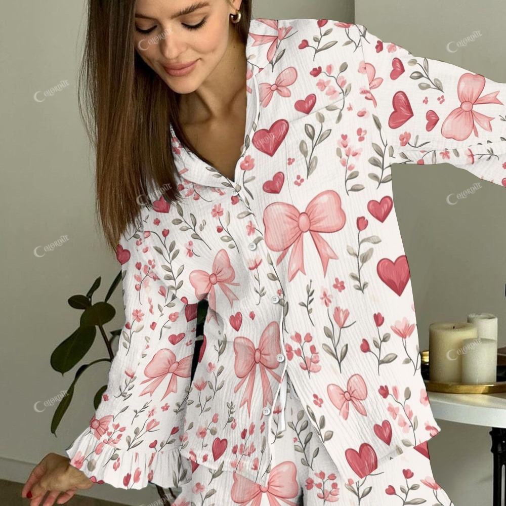 Women's Vintage Bow Love Flower Printed Linen Cotton Suit