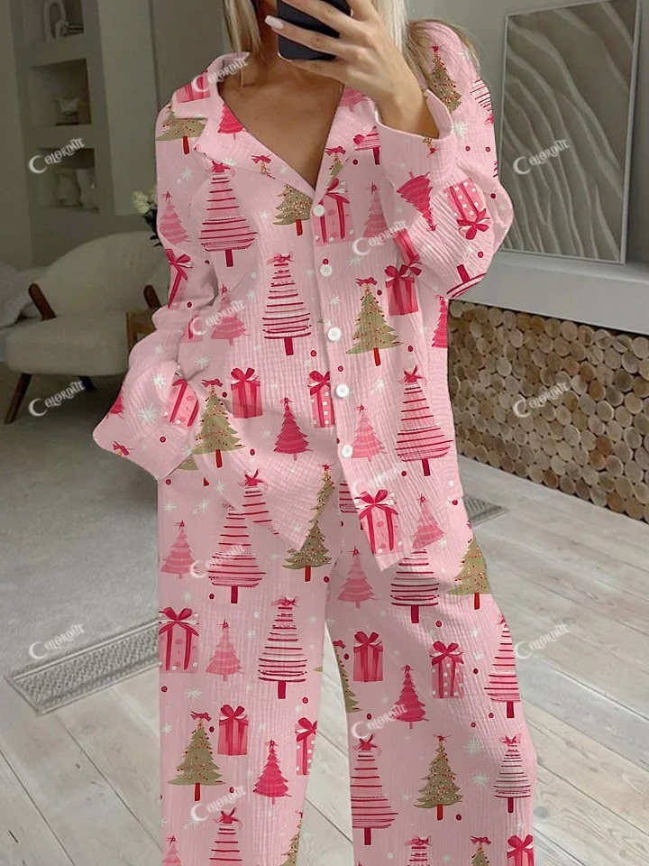 Women's Pink Christmas Tree Gift Print Homewear Set