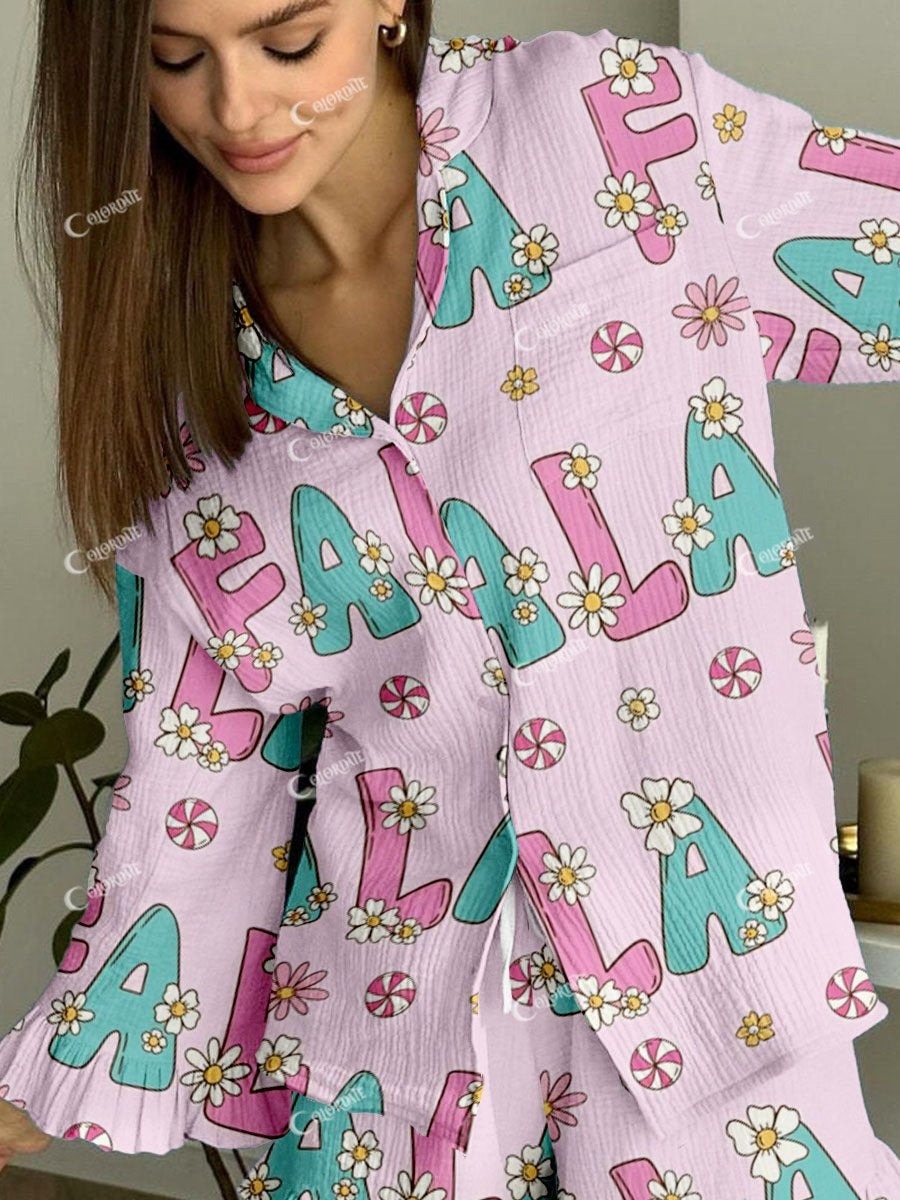 Women's Pink Christmas Text Printed Ruffled Linen Cotton Suit