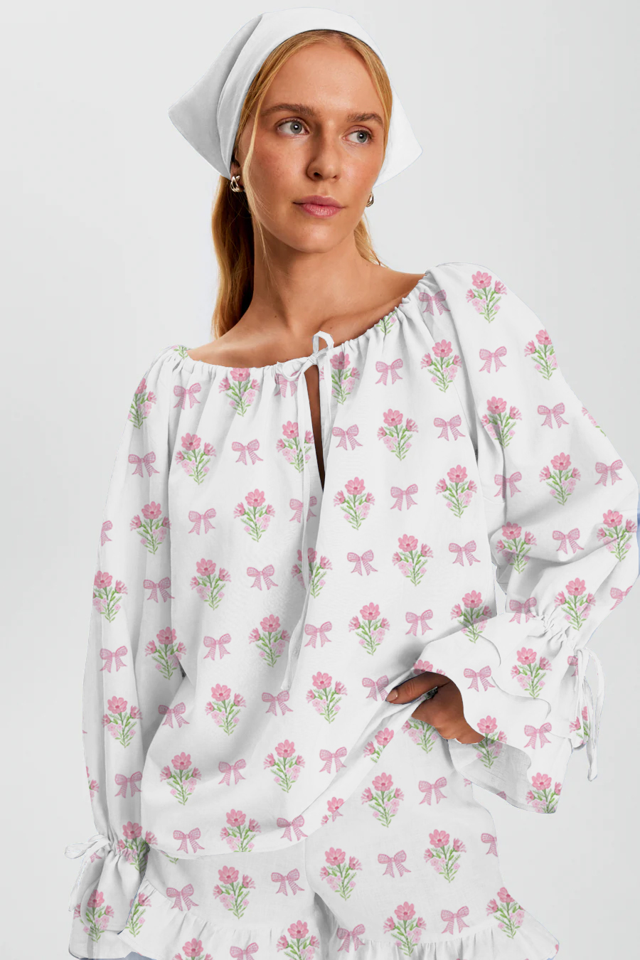 Flower Bow Printed Tie-Drawn Long Sleeve Ruffle Shorts Pajama Set