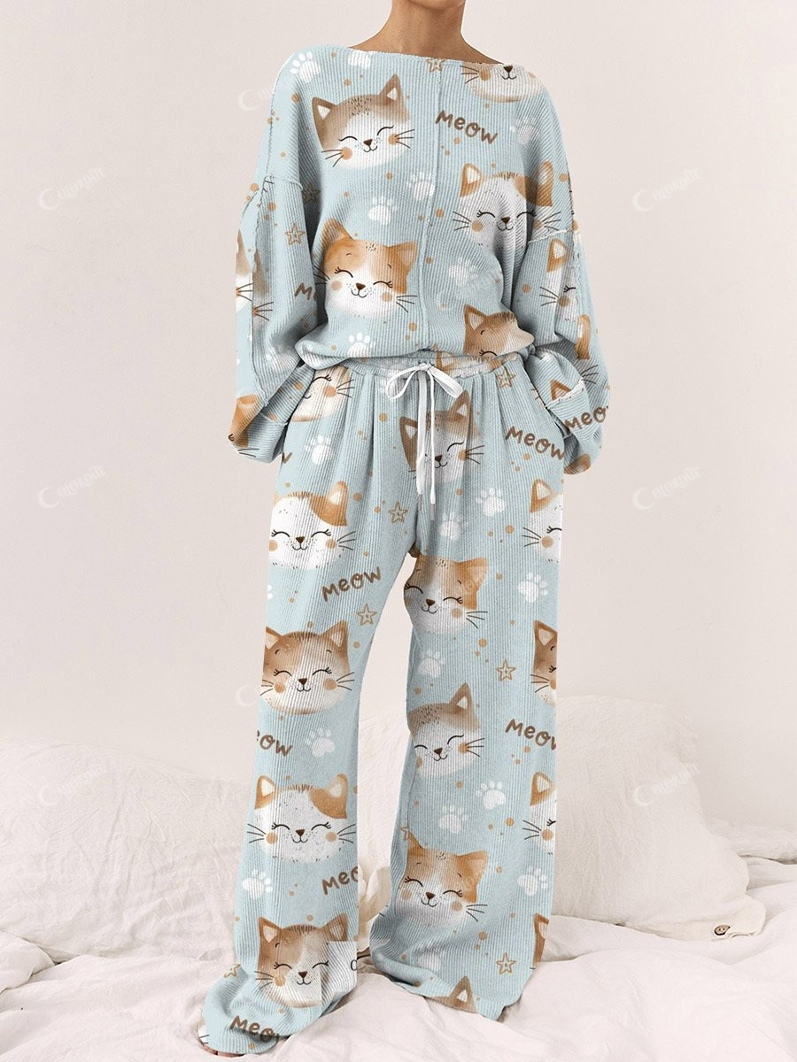 Women's Cute Kitten Pattern Round Neck Long Sleeve Pants Suit