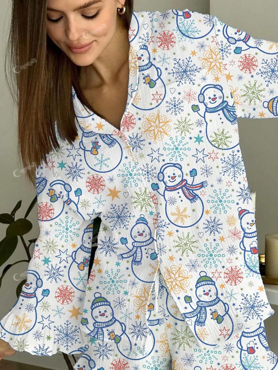 Women's Cute Christmas Snowman Snowflake Print Ruffled Lounge Clothes Set