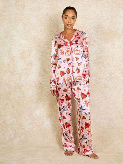 Womens Pink Recycled Satin Long Traditional Pyjamas Set