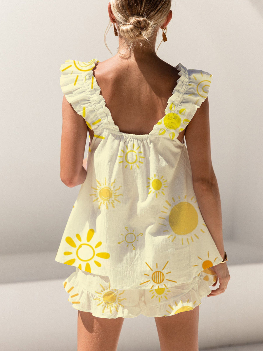 Cute Sun Print Ruffled Trim Short Tank Top Shorts Pajama Set