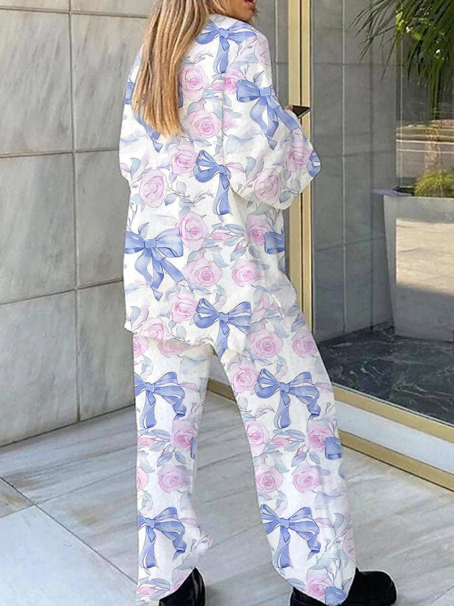 Women's Pink Rose and Blue Bow Rocker Pajama Set