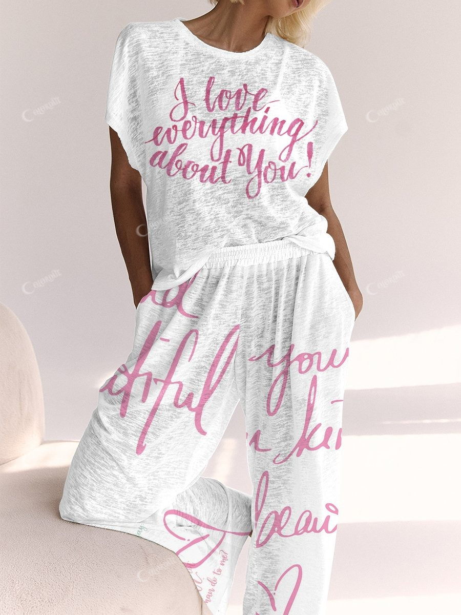 Women's Inspirational Print Short Sleeve Pants Set