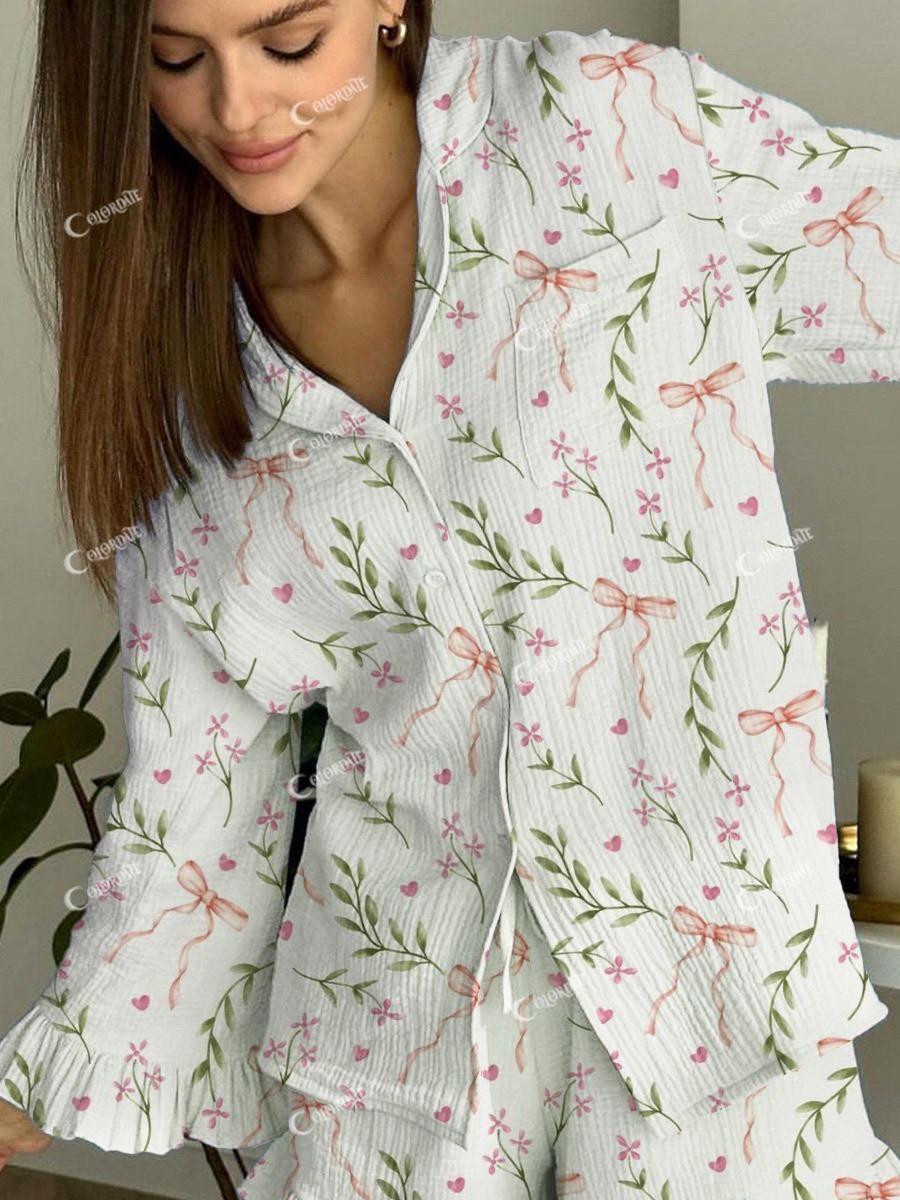 Women's Bow Ribbon Plant Pattern Ruffled Long Sleeve Pants Set