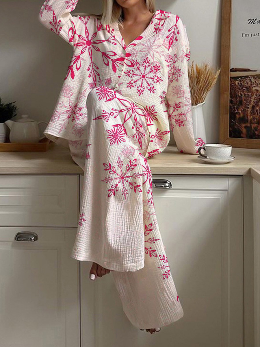 Women's Winter Snowflake Pattern Long Sleeve Pants Set