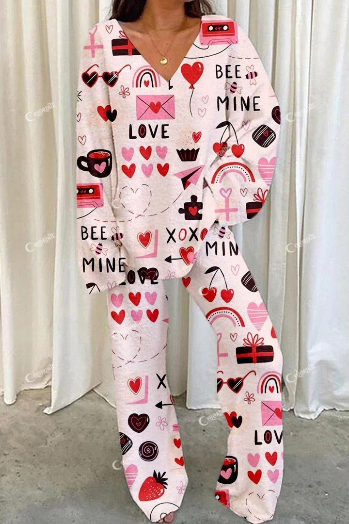 Women's Pink Valentine's Day Fun Printed Casual Homewear Set
