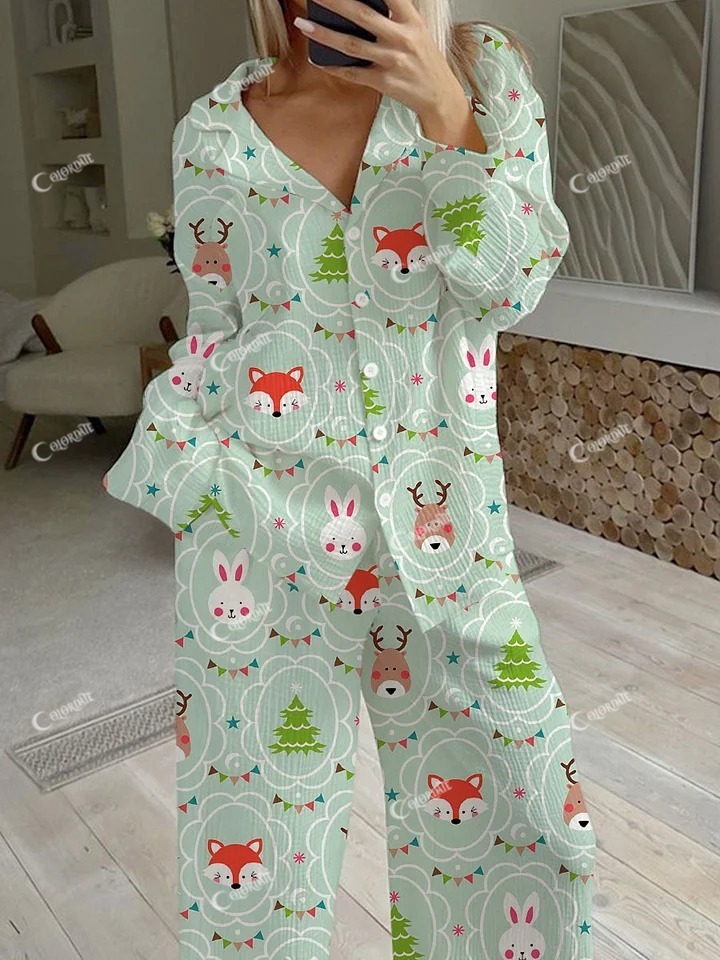 Women's Cute Christmas Fox Rabbit Elk Print Loose Homewear Set