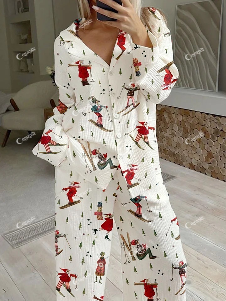 Women's Christmas Ski Polka Dot Print Cardigan Homewear Set
