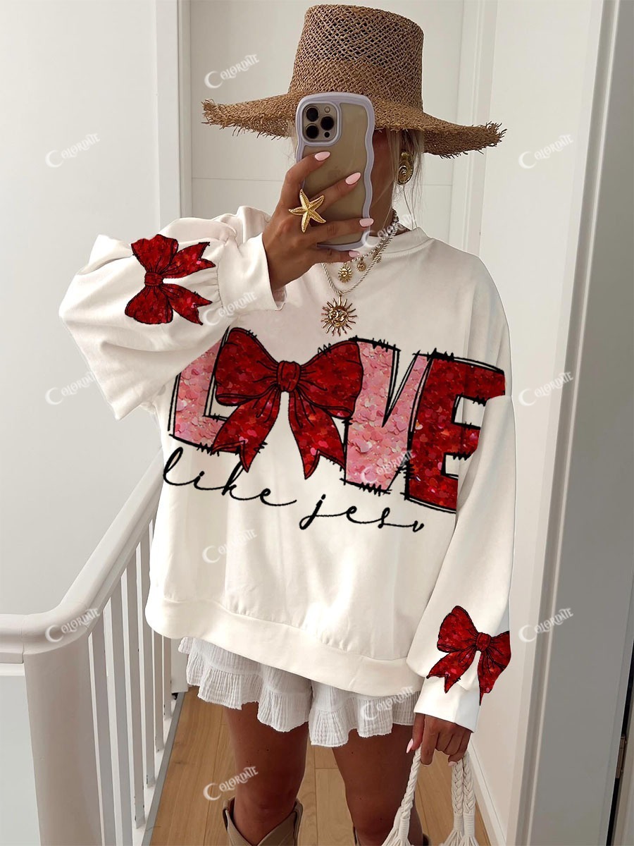 Women's Red Glitter Bow Valentine's Day Print Crew Neck Sweatshirt