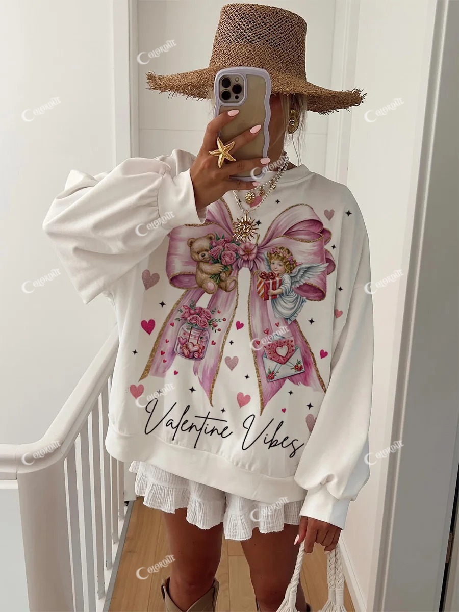 Women's Valentine's Day Angel Art Painting Bowknot Print Home Sweatshirt