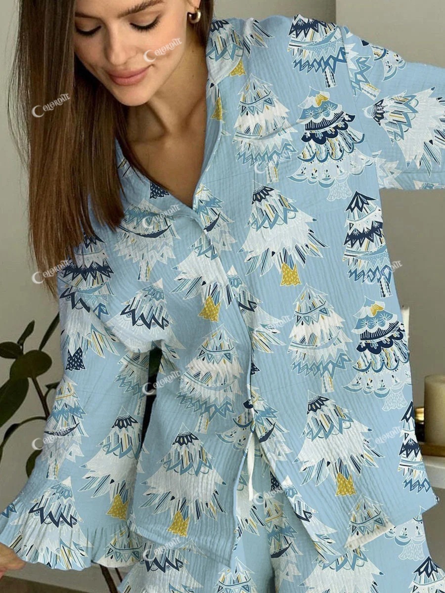 Women's Art Painting Christmas Tree Pattern Ruffled Long Sleeve Pants Set