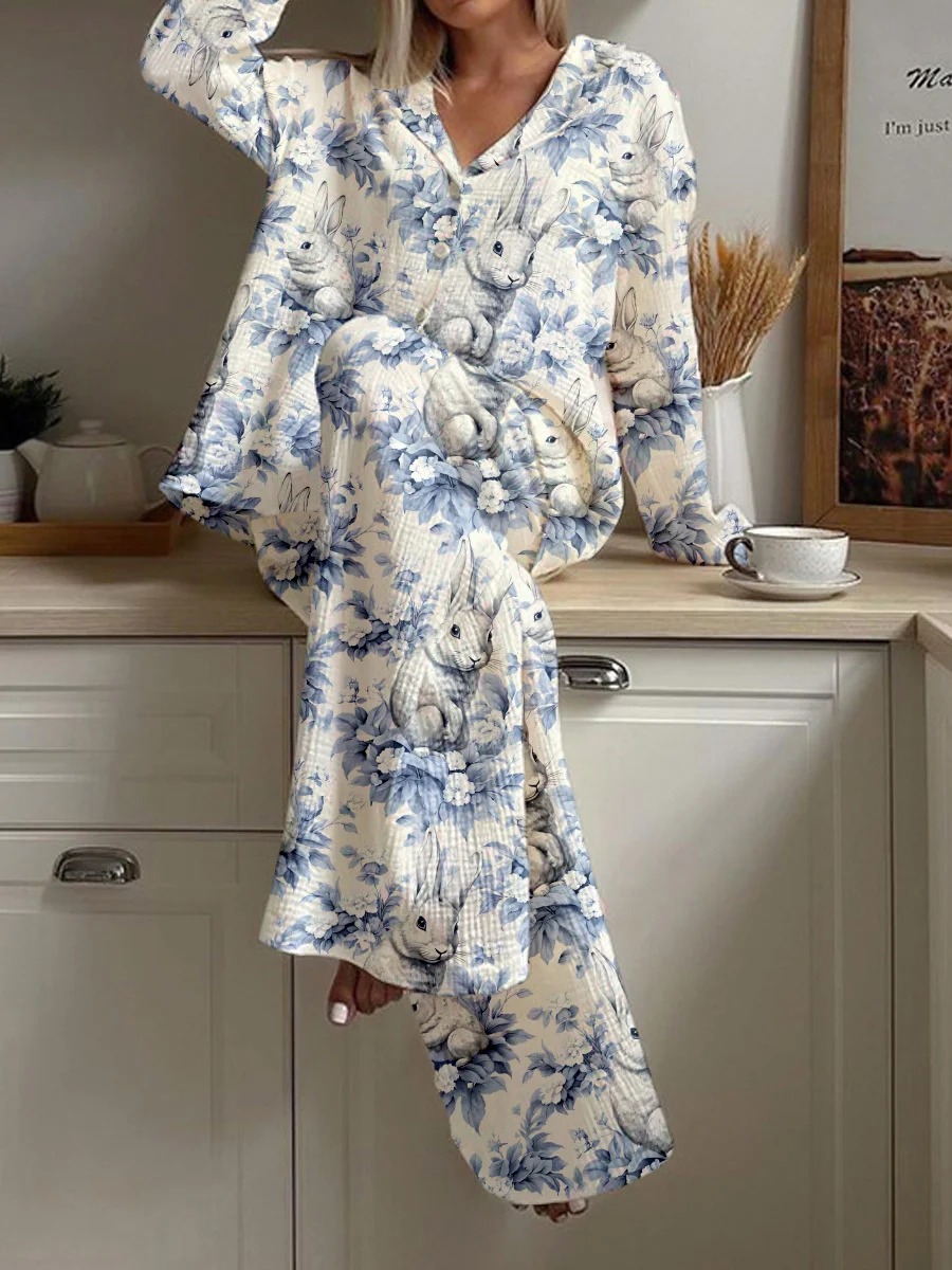 Women's Easter Bunny Print Cotton Cardigan Homewear Set
