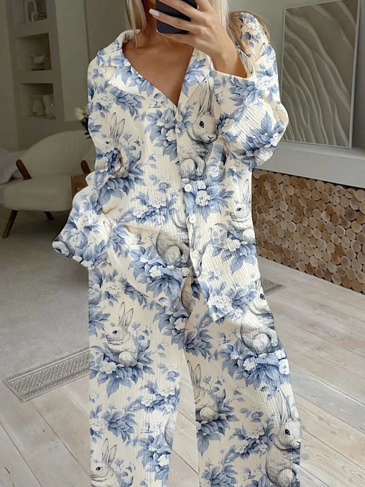 Women's Easter Bunny Print Cotton Cardigan Homewear Set