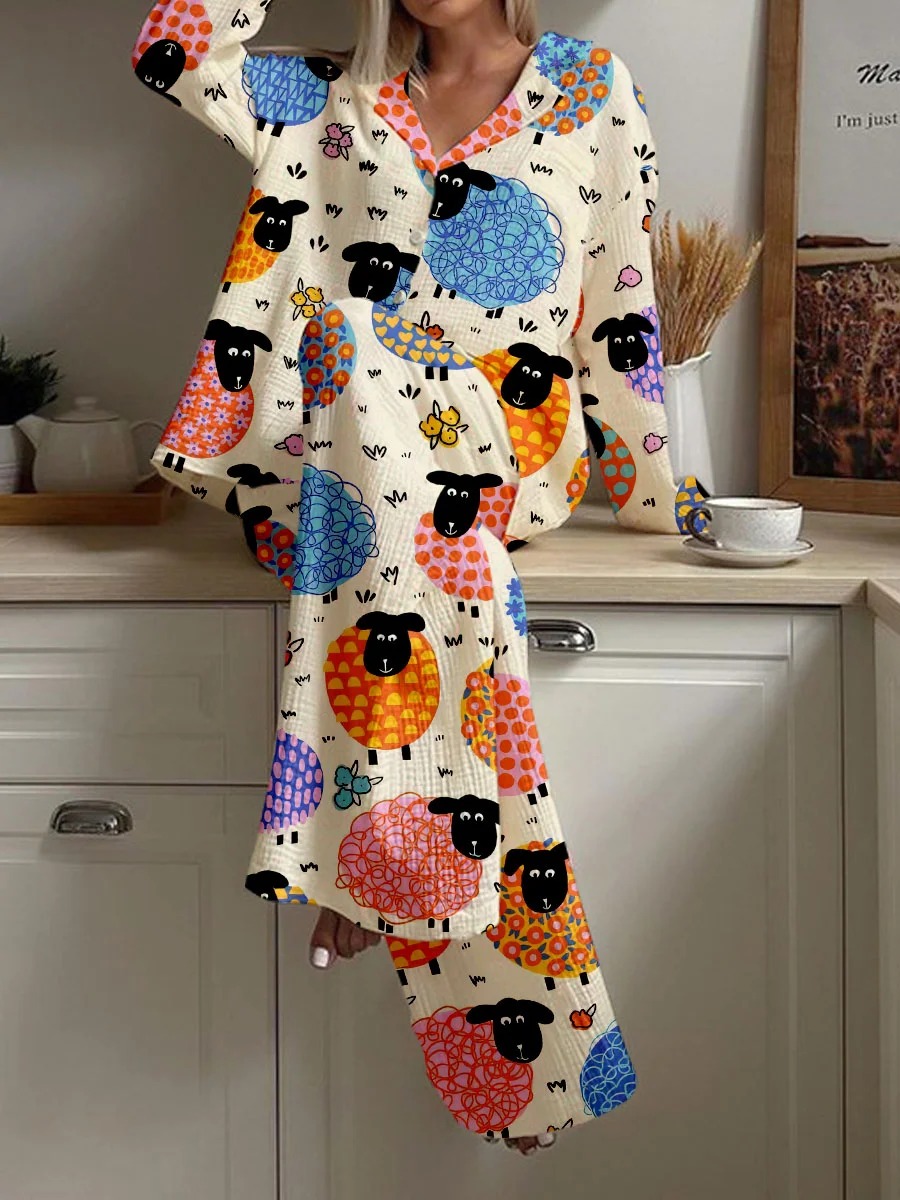 Women's Sheep Polka Dot Print Cotton Cardigan Homewear Set