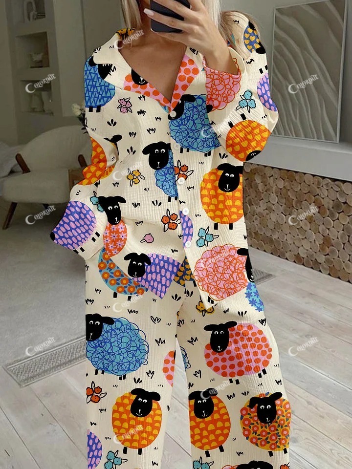 Women's Sheep Polka Dot Print Cotton Cardigan Homewear Set