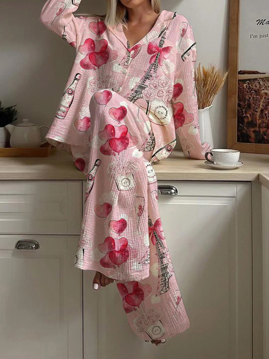 Women's Valentine's Day Heart Balloon Champagne Pattern Long Sleeve Pants Suit